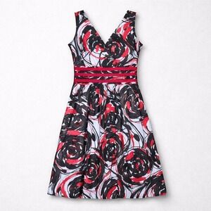 East 5th Petite Pink Black Abstract Floral Fit Flare Dress 4P V-Neck Sleeveless
